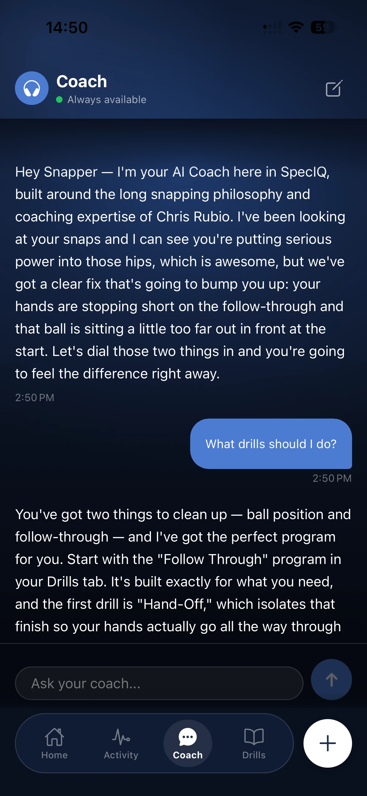 SpecIQ AI Coach conversation recommending a follow-through drill