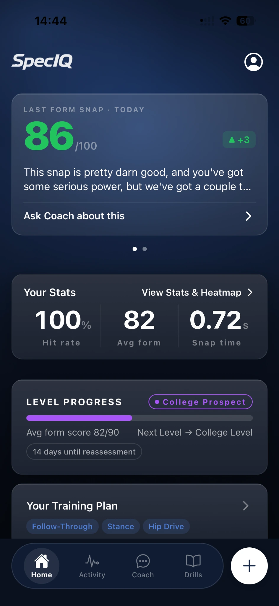 SpecIQ home screen showing snap score, stats, level progress, and training plan