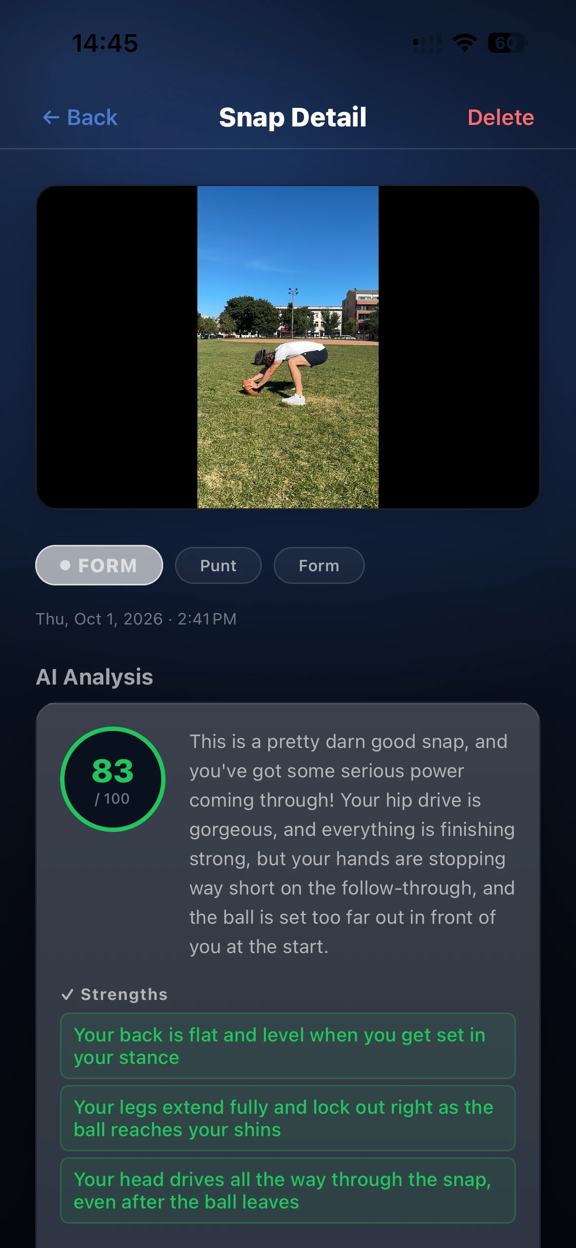 Snap Detail showing video, form score, analysis, and specific strengths