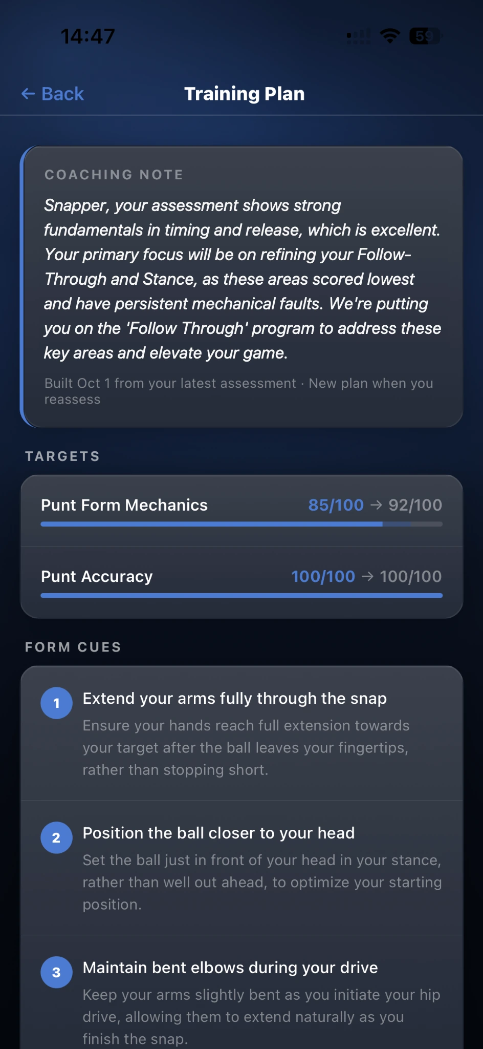 Personalized SpecIQ training plan with coaching note, targets, and form cues